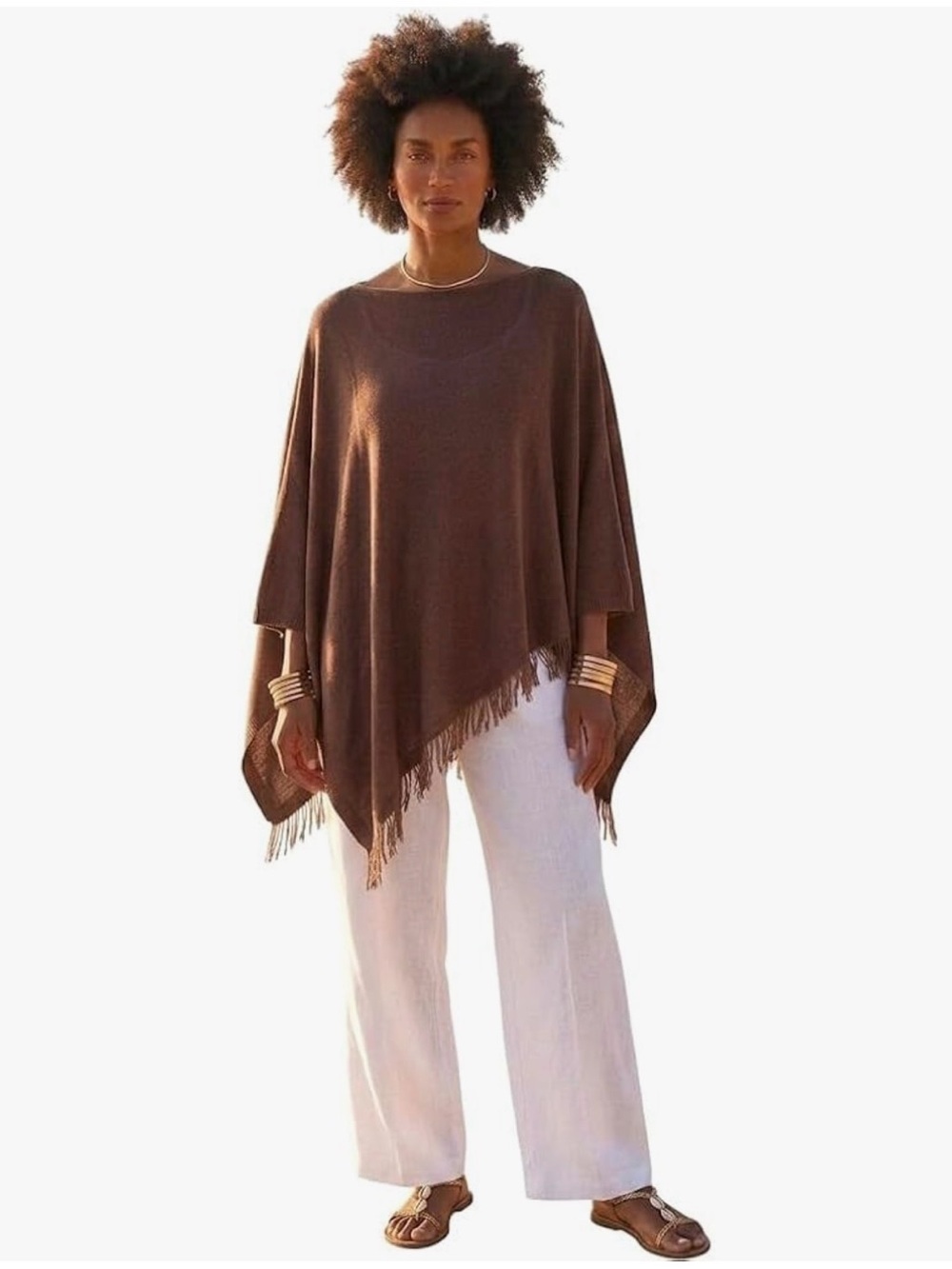 Women’s Brown Fringe Poncho Shawl
